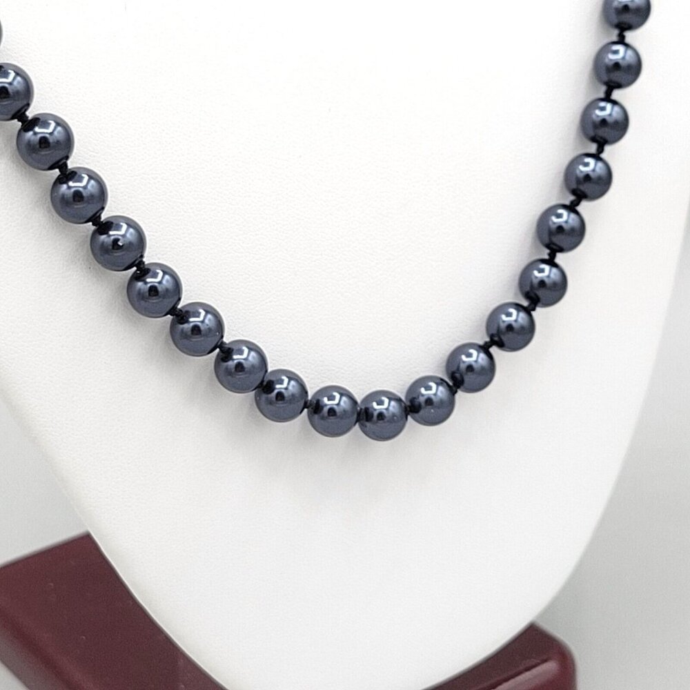 Round Blue Gray Glossy Hematite Beaded Necklace Knotted Cord Hook Clasp 28"